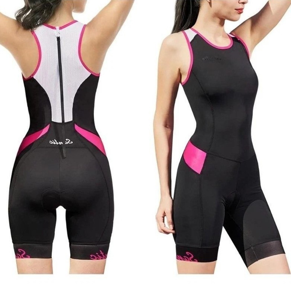NWT Santic Womens Triathlon Tri Suit Padded Cycling One Piece Black Pink Small